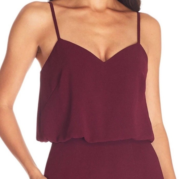 Dress the Population Gracelyn Blouson Jersey Maxi Gown Thigh High Slit Burgundy - Picture 5 of 14